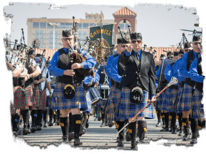 Scottish pipe band marching photo of a Scottish pipe band marching