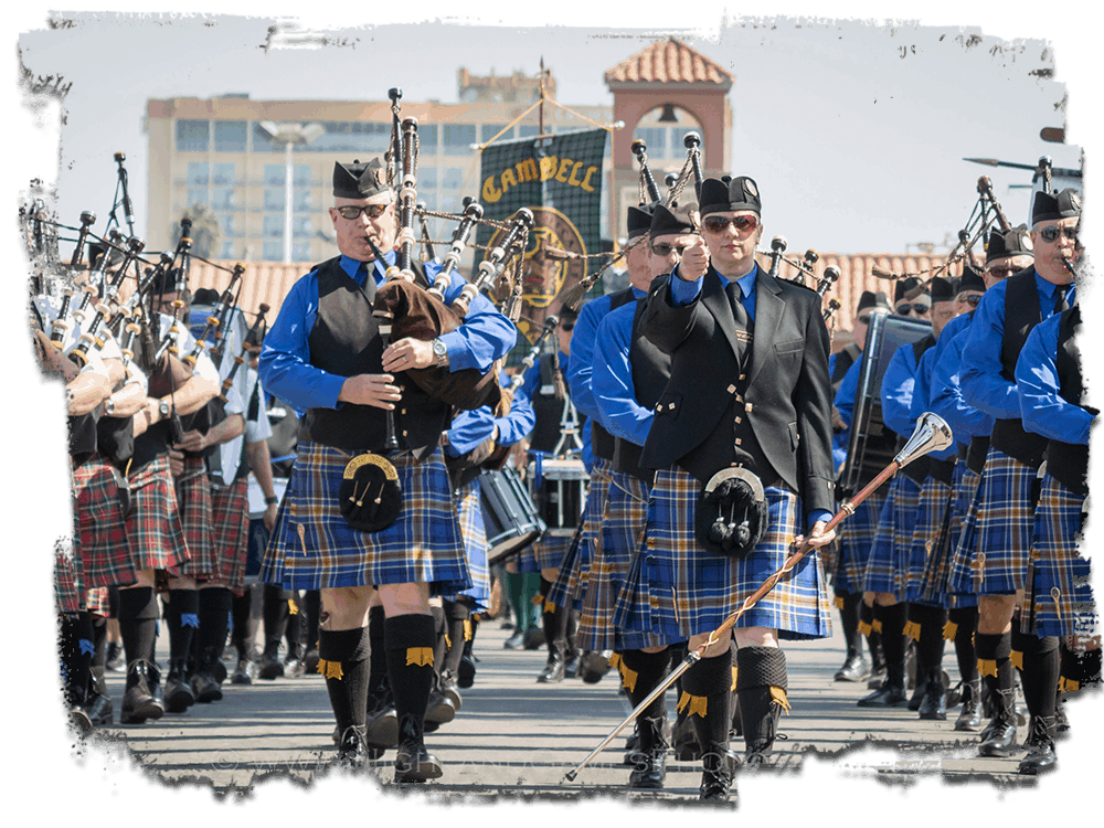 Scottish pipe band marching photo of a Scottish pipe band marching